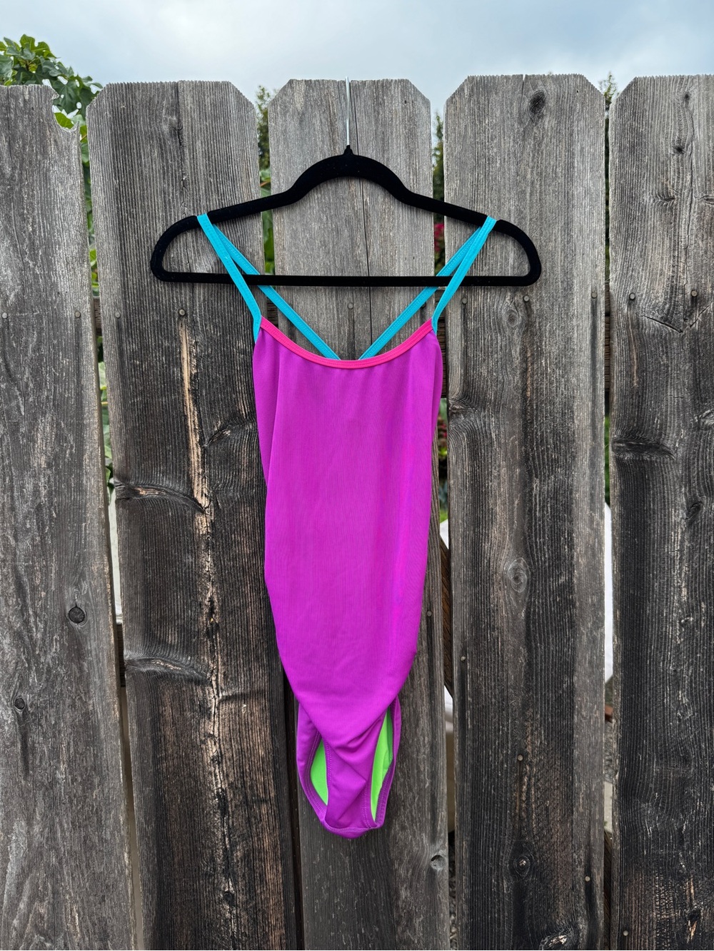 Vintage 80s Bright Purple Green TYR Neon One-Piece Swimsuit